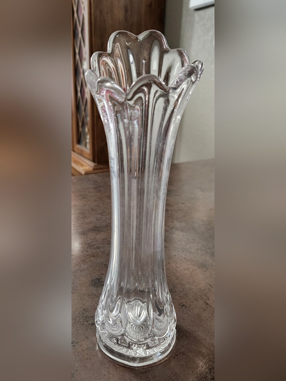 Vintage Clear Glass Swung Bud Vase Ribbed Fluted Scalloped Rim 9.5" Tall